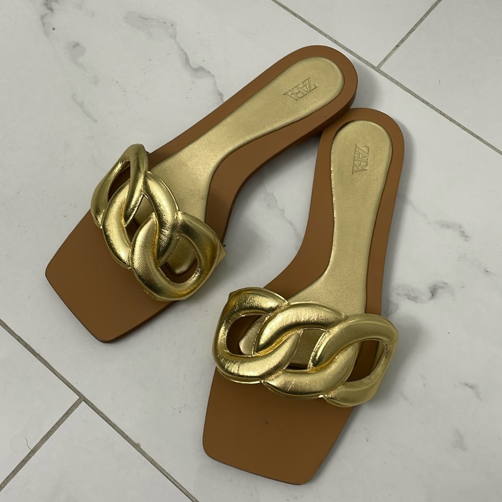 ZARA metallic gold leather / tan sliders sandals flats size 37 / 7 elegant rare